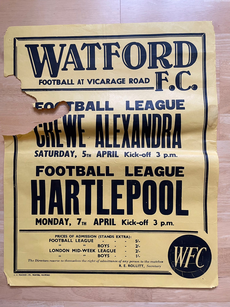 1968/69 Crewe & Hartlepool - Division 3 - 5 Apr & 7 Apr 1969 - poster 2 of 3 (ref WT81)